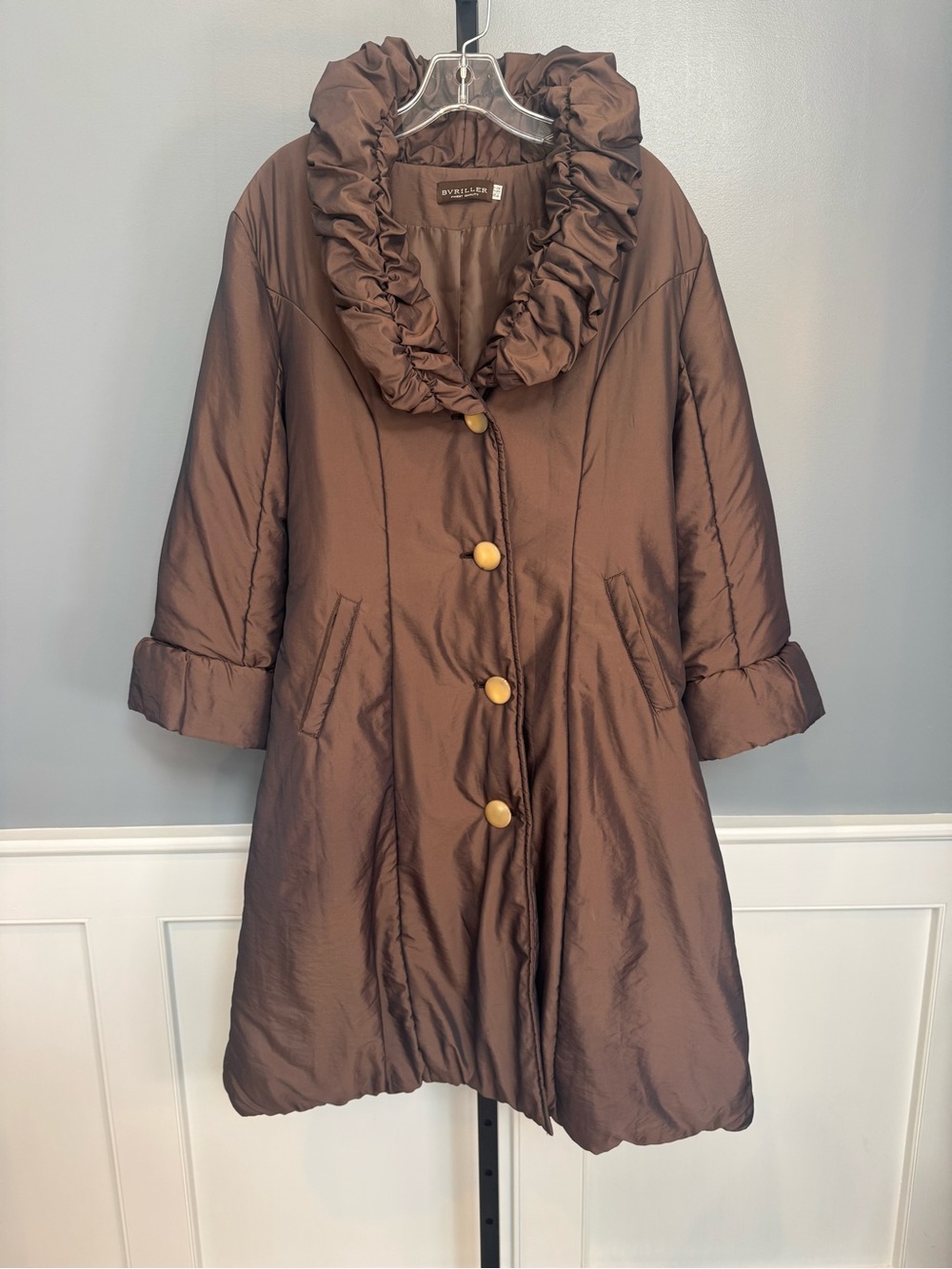 Bvriller Brown Ruffle‎ Collar Coat A-Line Belted Puffer Jacket Size 44 M